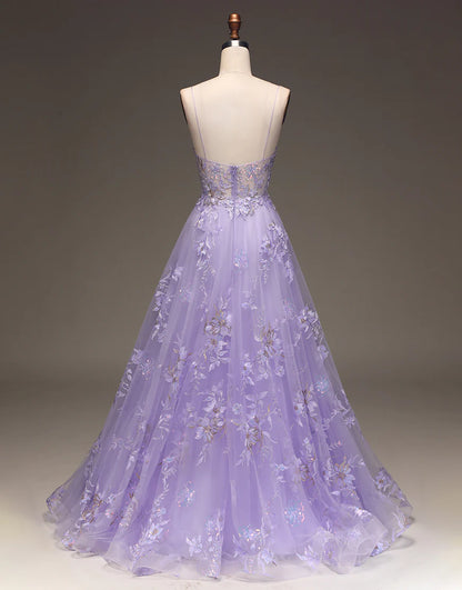 A Line Spaghetti Straps V Neck Prom Dress With Appliques