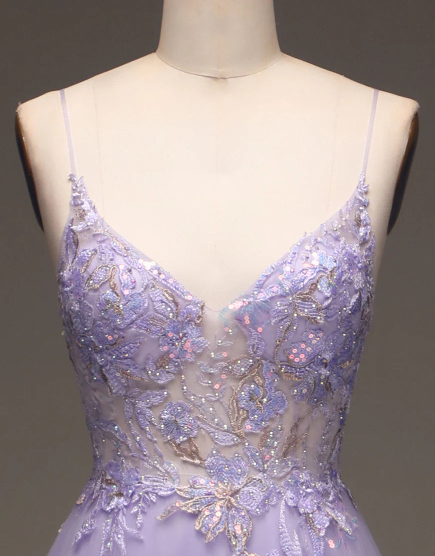 A Line Spaghetti Straps V Neck Prom Dress With Appliques