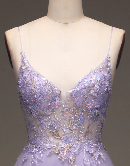 A Line Spaghetti Straps V Neck Prom Dress With Appliques