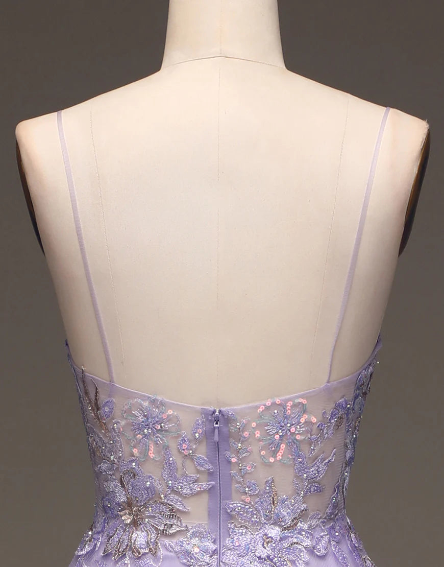 A Line Spaghetti Straps V Neck Prom Dress With Appliques