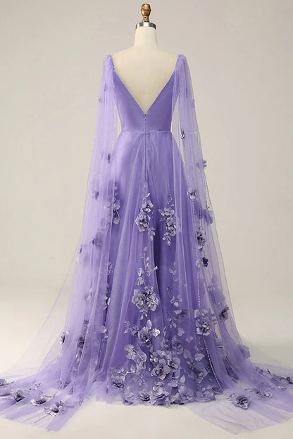 Tulle Low V Neck Sweep/Brush Train Prom Dresses Dress With 3D Flowers Beautiful