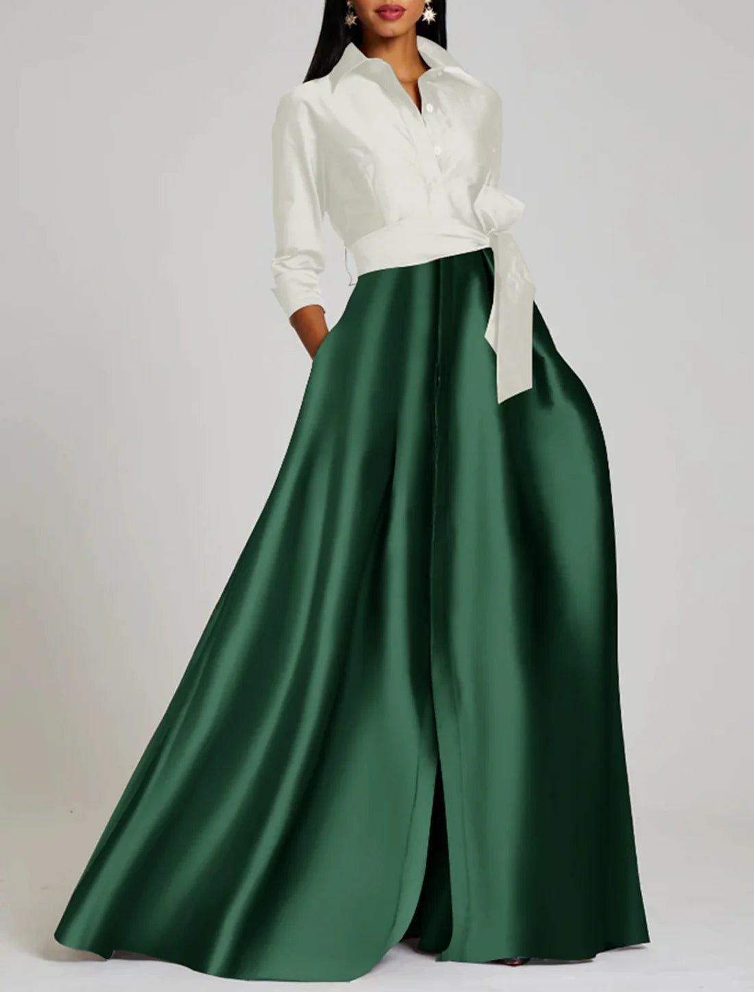 A-Line Evening Gown Elegant Dress Formal Floor Length 3/4 Length Sleeve Shirt Collar Satin with Slit Strappy Fashion