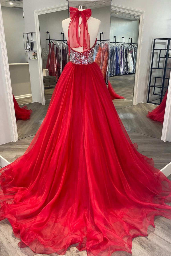 Red Beaded Halter Backless A-Line Long Prom Gown V-neck Prom Dress