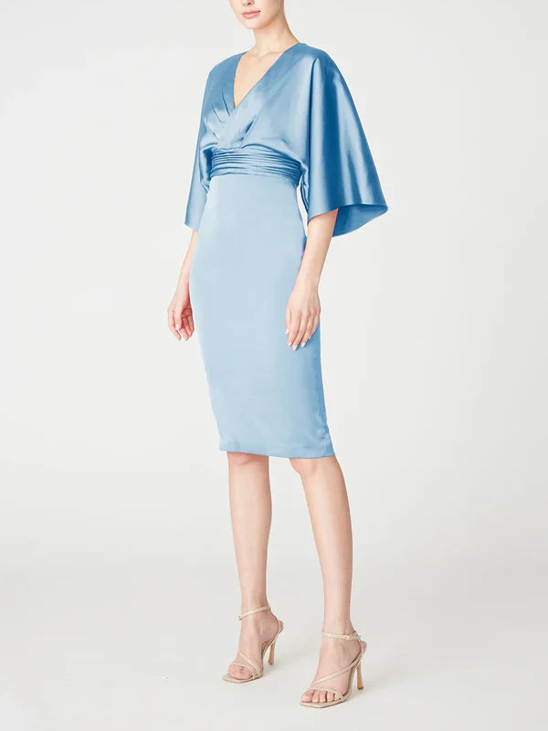 Slim fit/column V-neck mid sleeve knee length ruffled edge mother of the bride dresses Solid Color