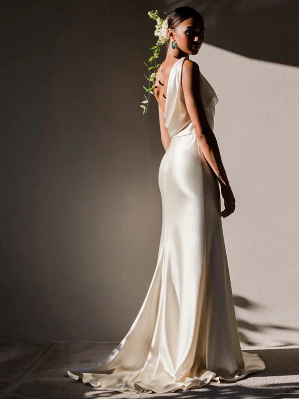 Sheath/Column Elastic Woven Satin Ruched Sleeveless Sweep/Brush Train Wedding Dresses With Slit