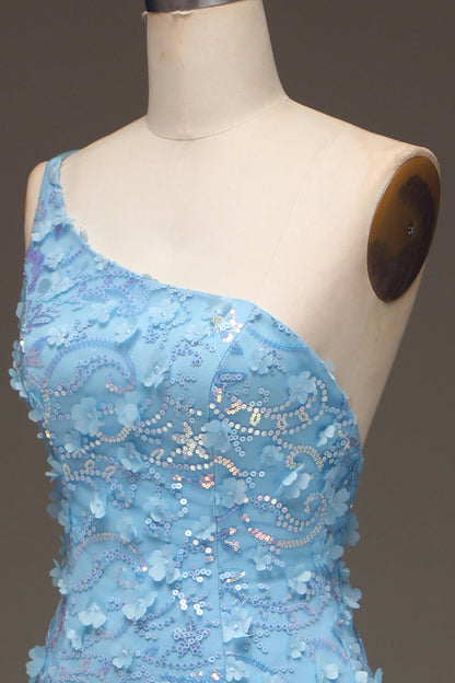 Sparkly Light Blue Mermaid Long Appliqued Prom Dress With Slit One Shoulder With Flowers