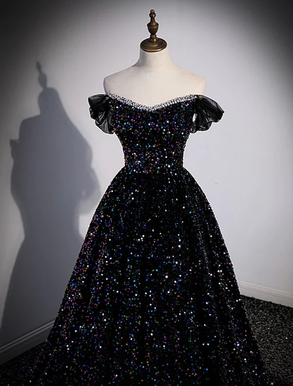 Ball Gown Prom Dresses Sparkle & Shine Dress Wedding Guest Birthday Court Train Sleeveless Off Shoulder Sequined