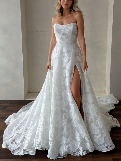 Ivory Wedding Dress Strapless Lace A Line Bridal Dress With Sweep Train And Slit Off Shoulder