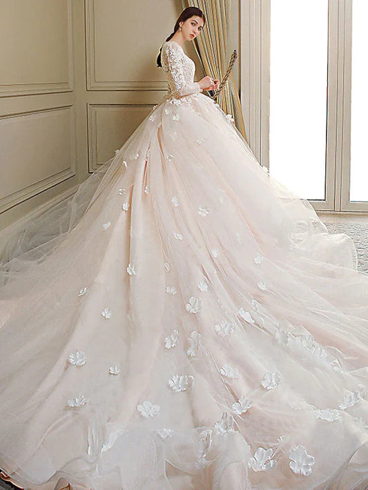 Princess Ball Gown Wedding Dresses Jewel Neck Chapel Train Lace Tulle Long Sleeve Formal Romantic Luxurious with Bow(s) Appliques