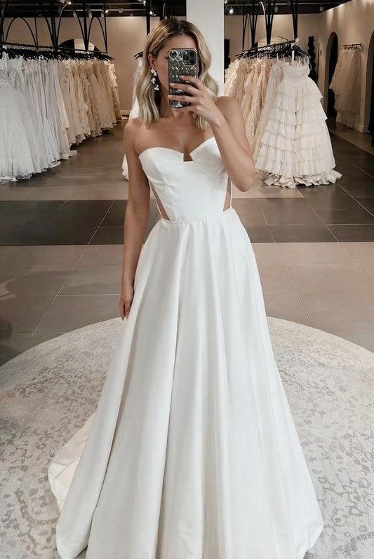 Ivory Wedding Dress Strapless Satin Bridal Dress Off Shoulder Floor Length Simple Sexy