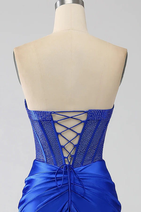 Mermaid Strapless Royal Blue Corset Prom Dress with Beading Sexy Evening Dress