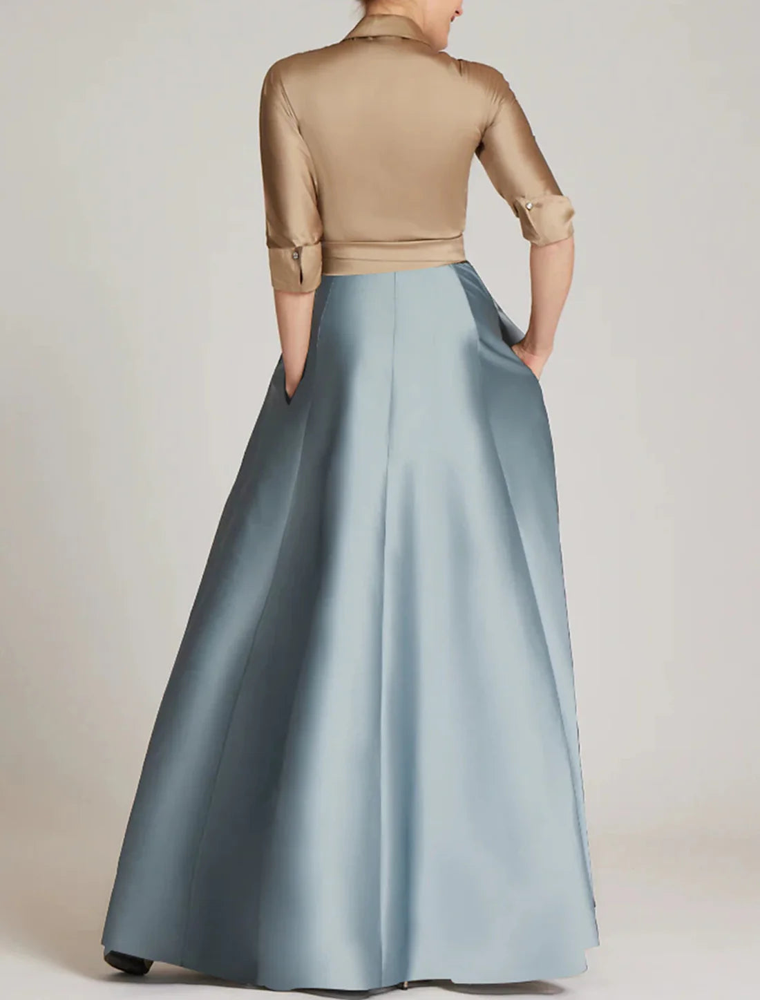 A-Line Evening Gown Elegant Dress Formal Floor Length 3/4 Length Sleeve Shirt Collar Satin with Slit Strappy Fashion