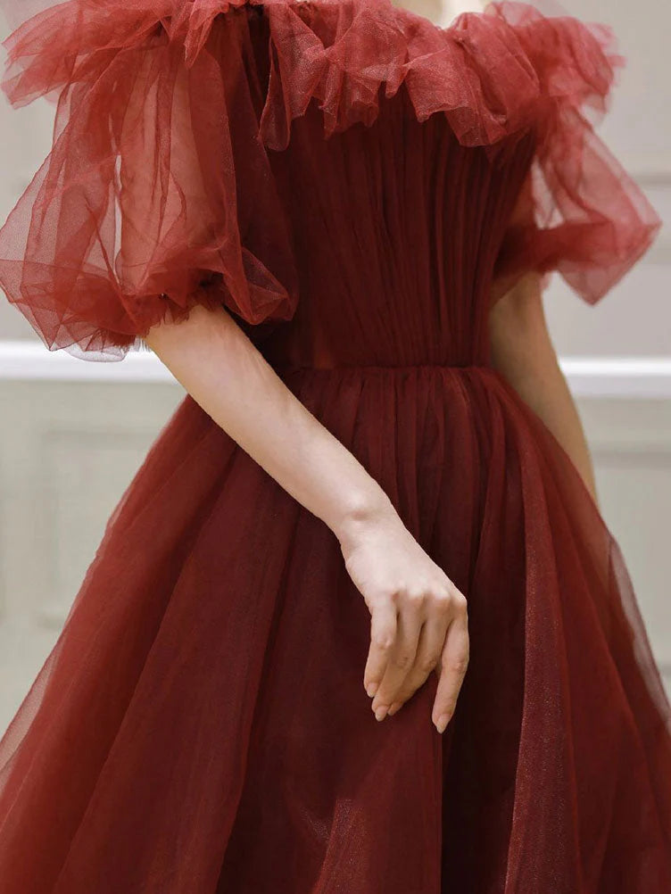 Burgundy tulle off shoulder long prom dress evening dress A Line Formal Dress