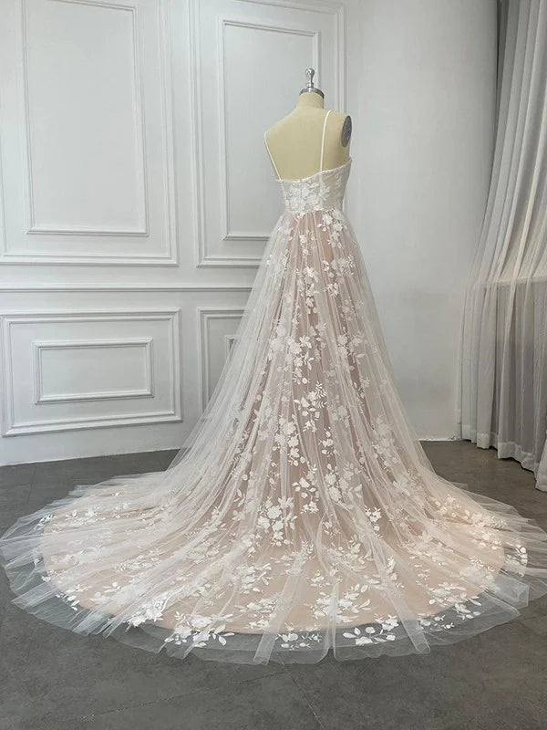 A-Line/Princess Lace Ruffles Sweetheart Sleeveless Sweep/Brush Train Wedding Dresses Beautiful