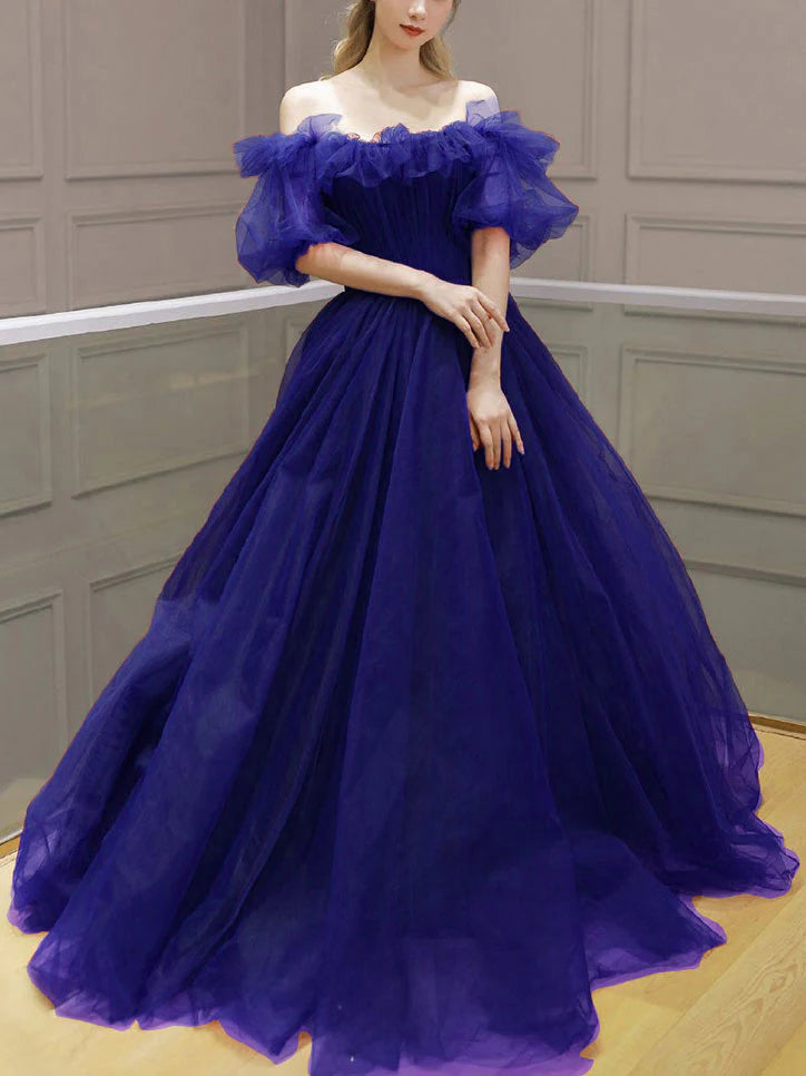 Elegant A Line Tulle Off Shoulder Long Prom Dress Evening Dress Charming Formal Dress