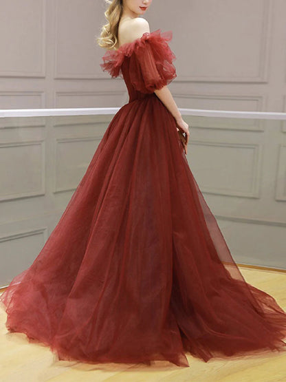 Burgundy tulle off shoulder long prom dress evening dress A Line Formal Dress