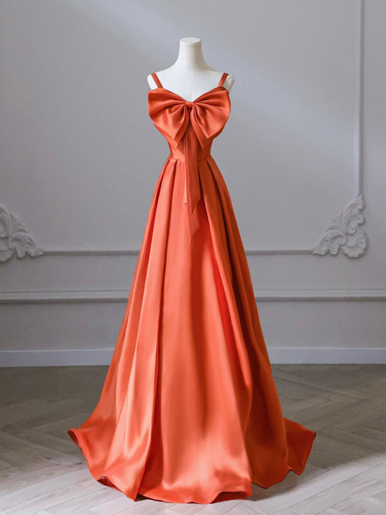 A-Line Orange Satin Long Prom Dress Long Evening Dress Formal Dress With Bow(s)