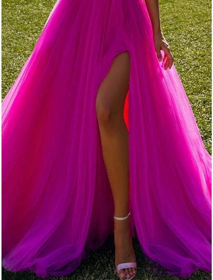 Ball Gown Prom Dresses Elegant Dress Prom Birthday Sweep / Brush Train Long Sleeve One Shoulder Tulle with Ruffles Slit Fuchsia