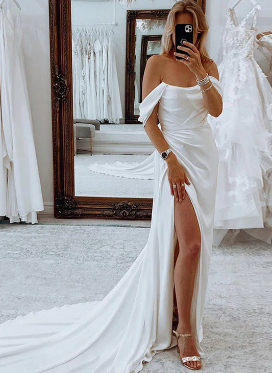 Off-The-Shoulder Slit Wedding Dresses With Sheath/Column Floor Length Solid Color