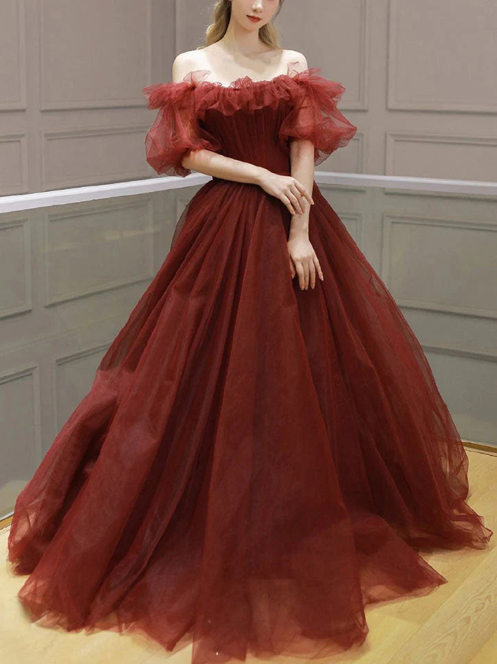 Burgundy tulle off shoulder long prom dress evening dress A Line Formal Dress