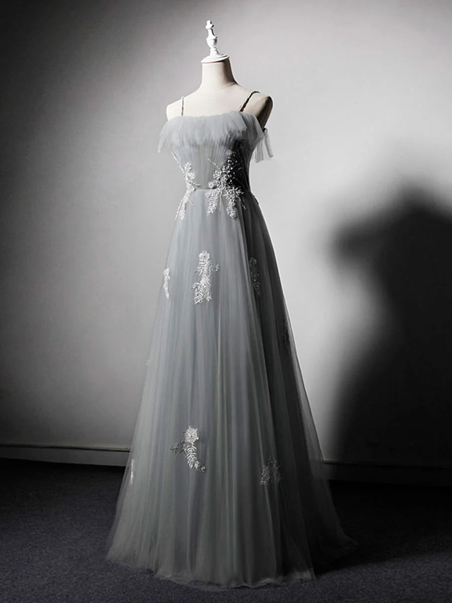 Simple gray tulle lace long prom dress formal dress A Line with Appliques december wedding guest dress