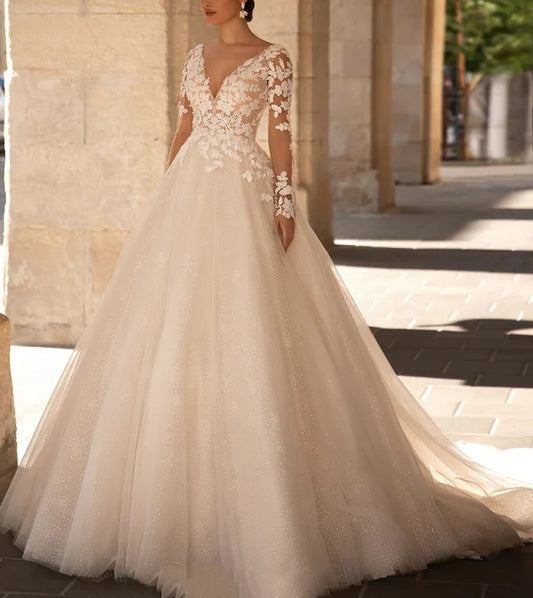 Ball-Gown Long Sleeves Lace Wedding Dresses V-neck Floor Length Elegant with Appliques