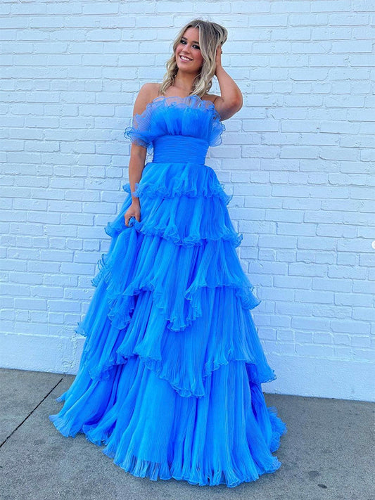 Blue A-Line Tulle Long Prom Dress Formal Dress Off Shoulder december wedding guest dress