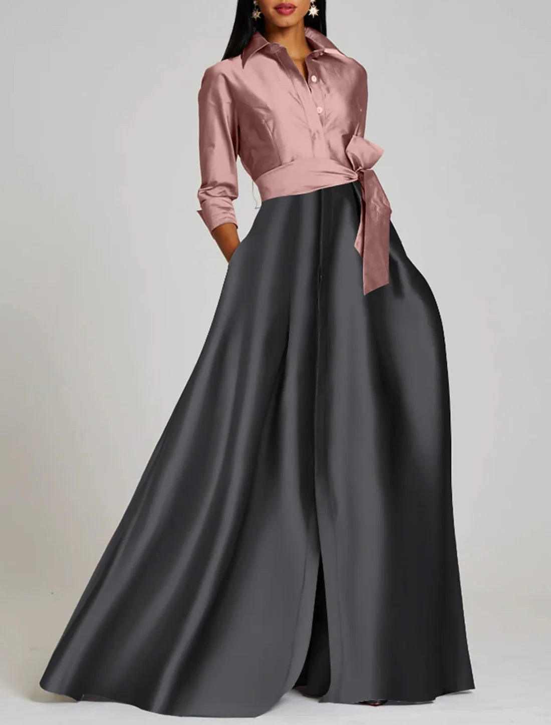 A-Line Evening Gown Elegant Dress Formal Floor Length 3/4 Length Sleeve Shirt Collar Satin with Slit Strappy Fashion