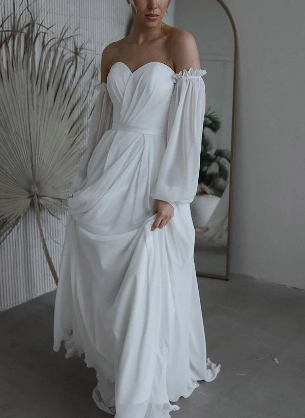 Off-The-Shoulder Long Sleeves Floor-Length Tulle Wedding Dresses Solid Color Elegant