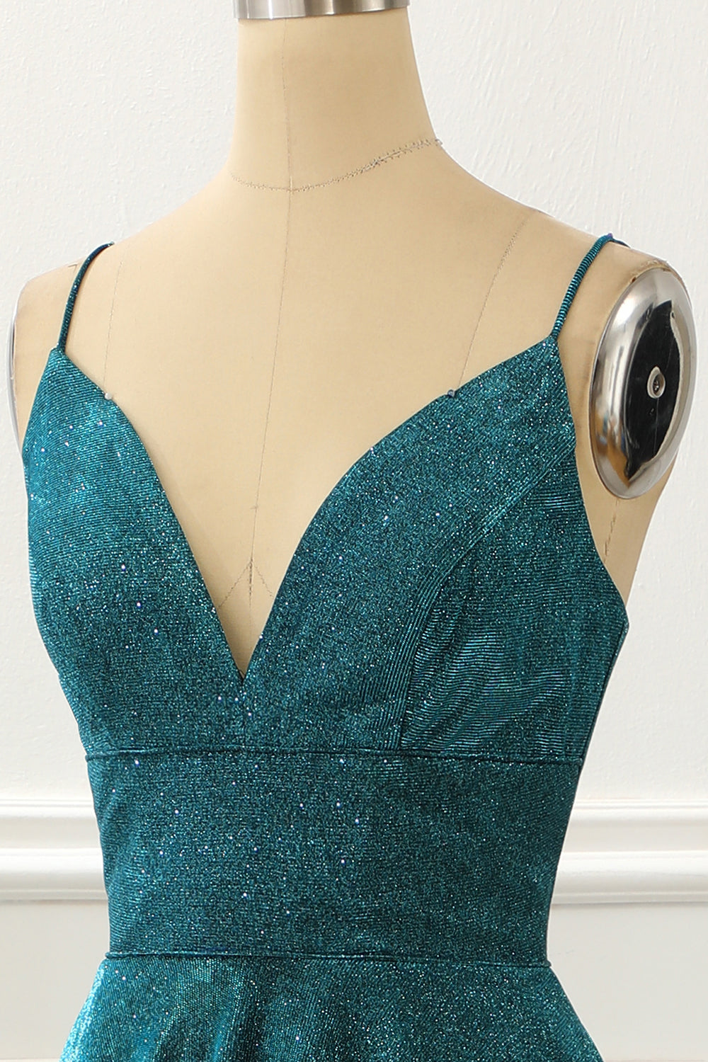 Spaghetti Straps Blue Long Sparkly Prom Dress V-neck Sexy Beautiful