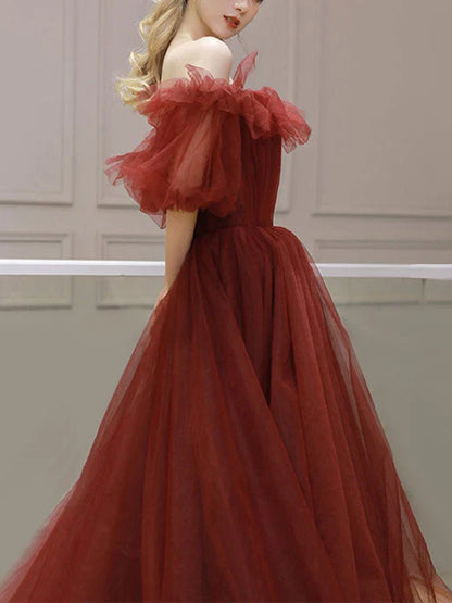 Burgundy tulle off shoulder long prom dress evening dress A Line Formal Dress