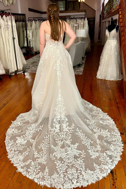 Ivory Strapless Wedding Dress Lace Appliques Bridal Dress With Sweep Train Off Shoulder