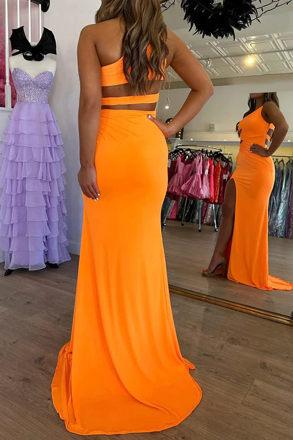 Orange Mermaid One Shoulder Long Prom Dress With Slit Sexy Evening Dress Party Dress