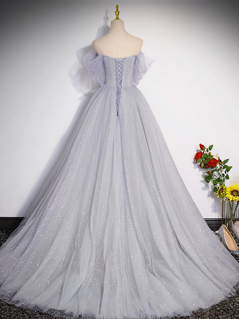 A-Line Off Shoulder Tulle Long Gray Prom Dress Formal Dresses Sparkly Evening Dress