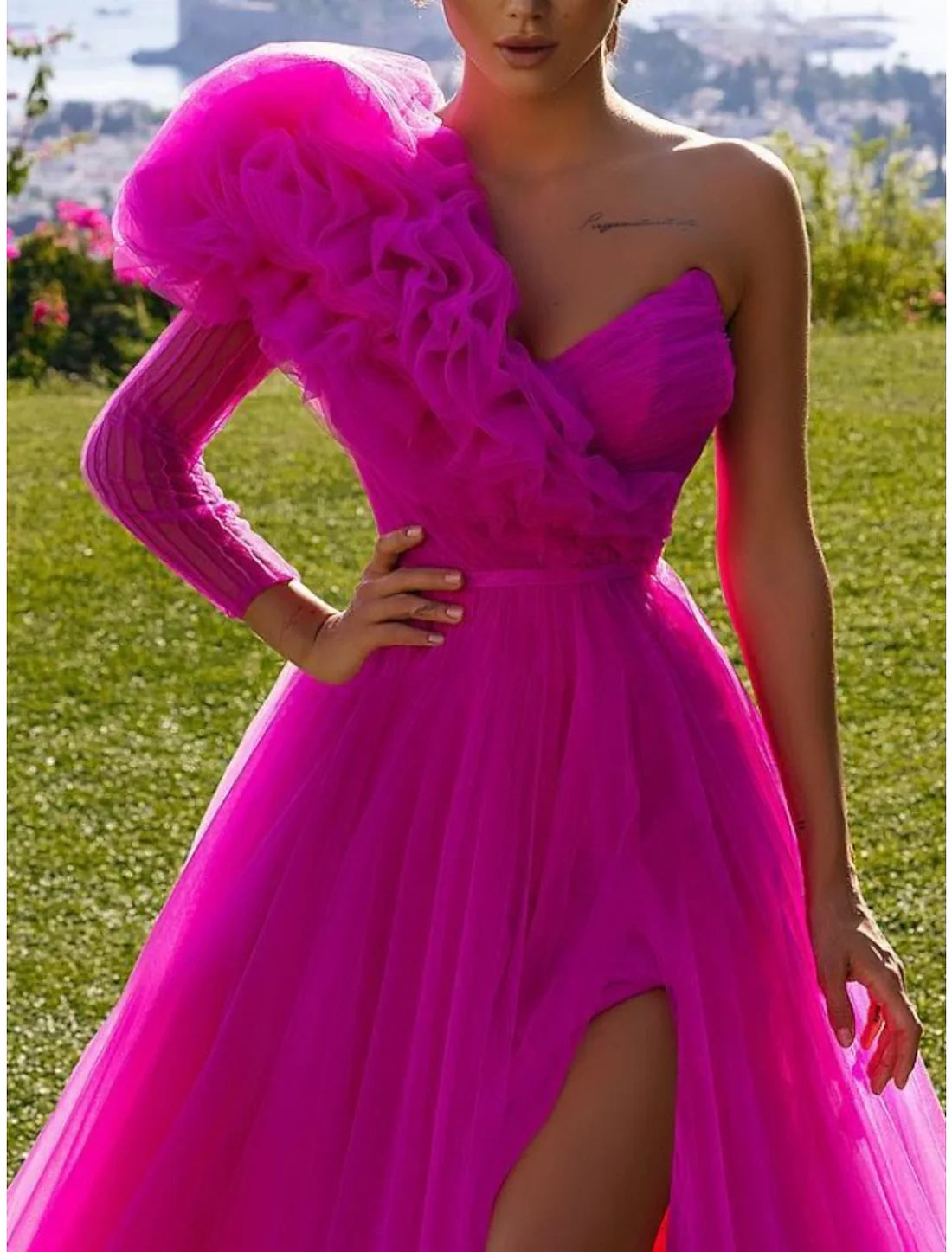 Ball Gown Prom Dresses Elegant Dress Prom Birthday Sweep / Brush Train Long Sleeve One Shoulder Tulle with Ruffles Slit Fuchsia