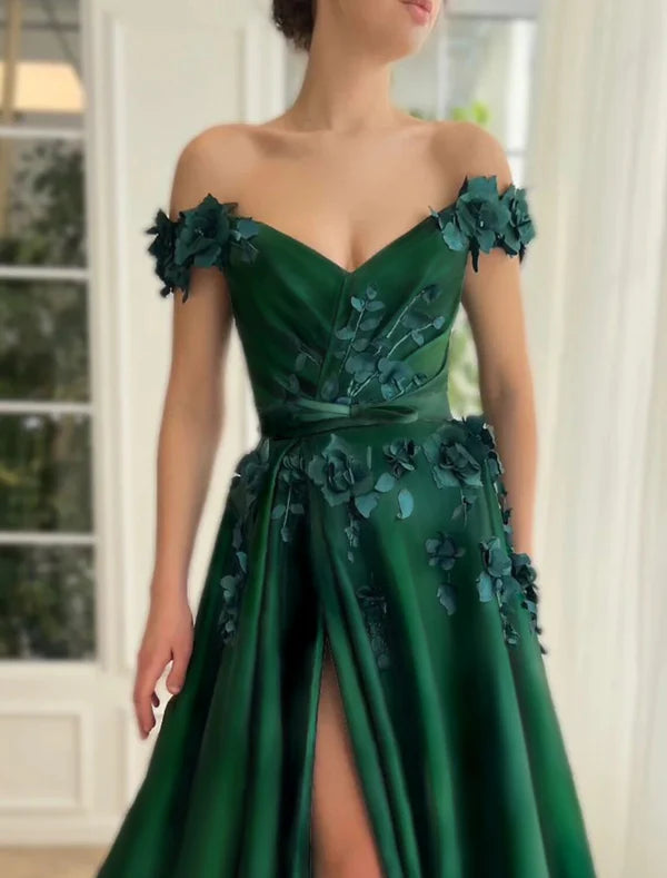 A Line Prom Dresses Luxurious Dress Christmas Red Green Dress Wedding Party Floor Length Short Sleeve Off Shoulder Satin with Slit Appliques