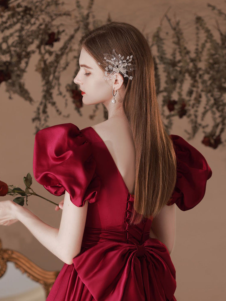 A-Line Satin Tea Length Burgundy Prom Dress Formal Dress Elegant Evening Dress december wedding guest dress