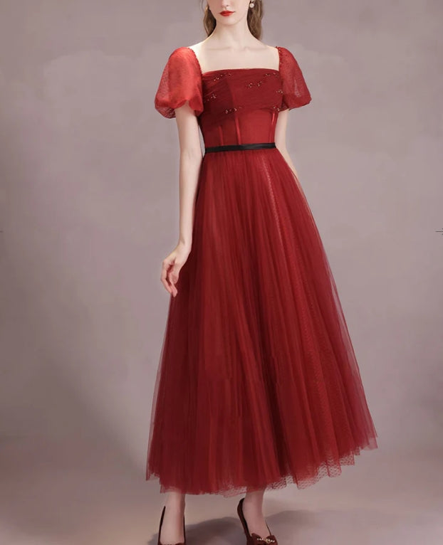 A-Line Burgundy Tulle Tea Length Prom Dress Formal Dress Short Sleeves Elegant Evening Dress december wedding guest dress