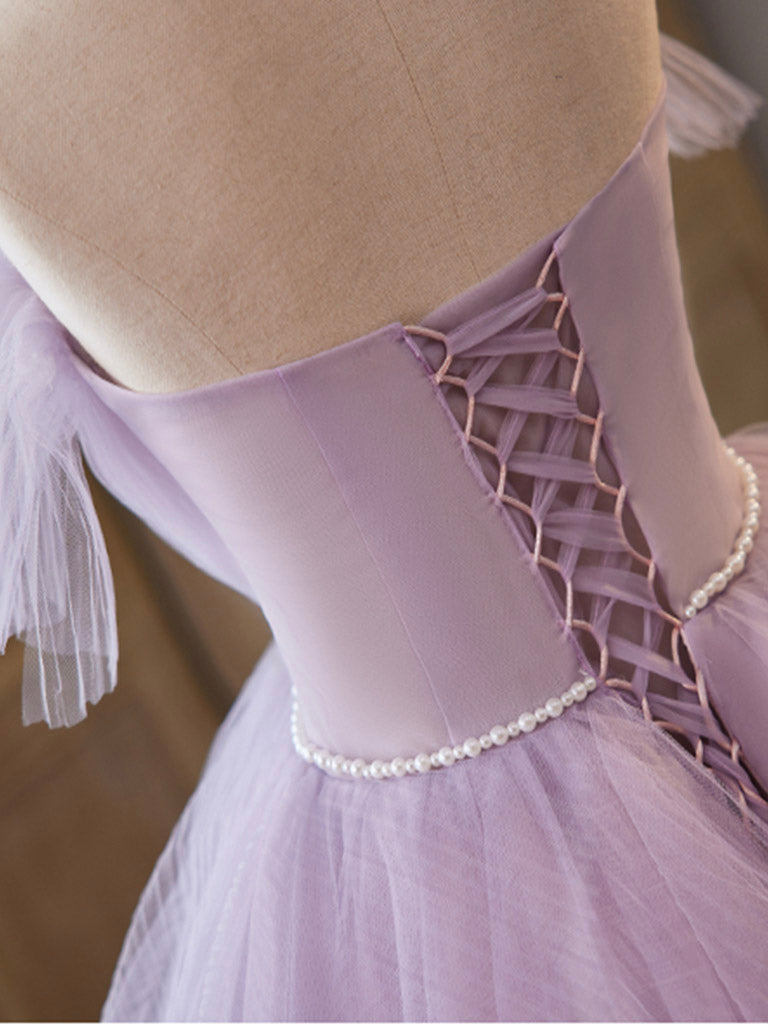 Light Purple A-line Tulle Long Prom Gown Formal Dress Off Shoulder Floor Length With Flowers