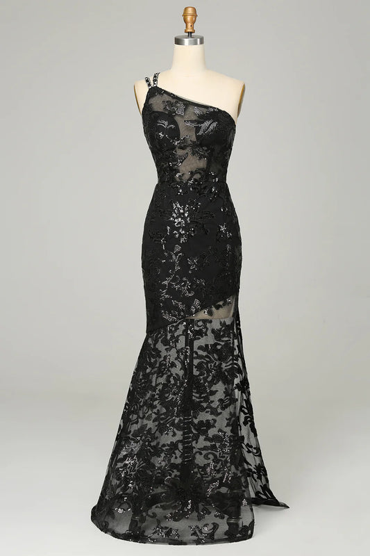 Mermaid Lace Black Spaghetti Straps  Sleek Glitter Sparking One Shoulder Prom Dress with Sequins