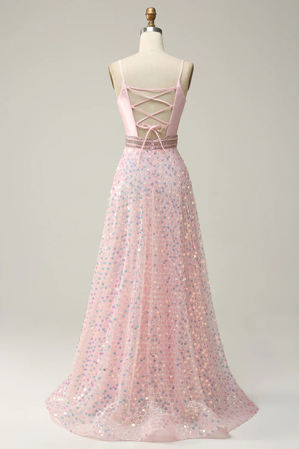 A Line Spaghetti Straps Pink Long Prom Dress with Sequins