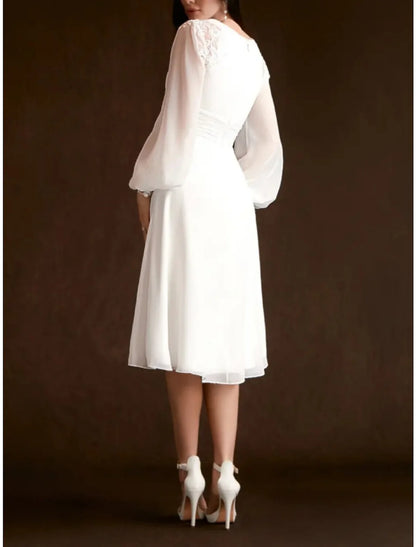 Little White Dresses Wedding Dresses A-Line V Neck Long Sleeve Knee Length Chiffon Bridal Gowns