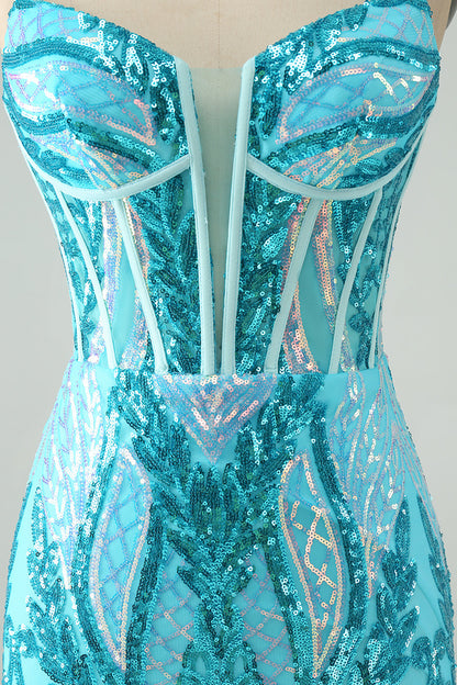 Gorgeous Blue Bodycon Spaghetti Straps Corset Homecoming Dress with Sequins Sparkly