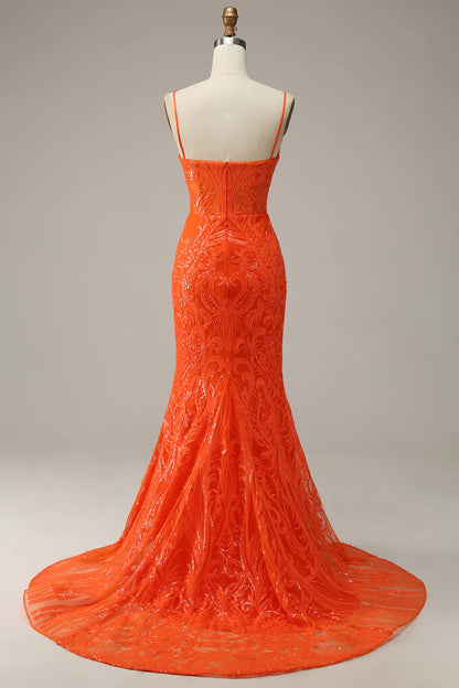 Sheath/Mermaid Spaghetti Straps Orange Sequins  Long Sweep/Brush Train Prom Dress with Slit