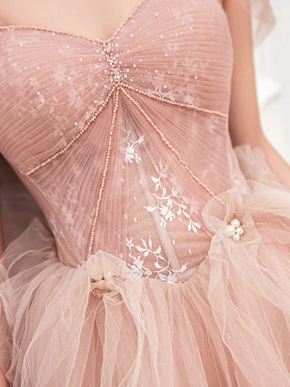 Pink tulle lace long prom dress evening dress A Line Off Shoulder december wedding guest dress