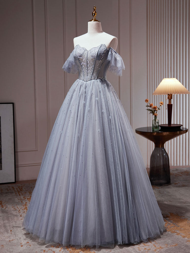 A-Line Gray Blue Tulle Sequin Beading Long Prom Dress Evening Dress Off Shoulder