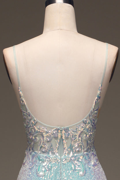 Mermaid Spaghetti Straps Grey Blue Prom Dress With Slit Sparkly Evening Dress