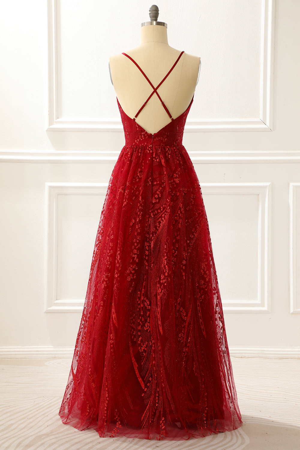 Spaghetti Straps Burgundy A Line Princess Prom Dress V-neck Sexy