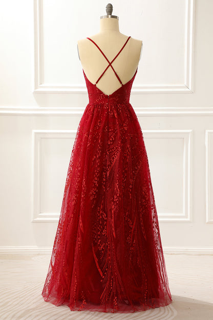 Spaghetti Straps Burgundy A Line Princess Prom Dress V-neck Sexy