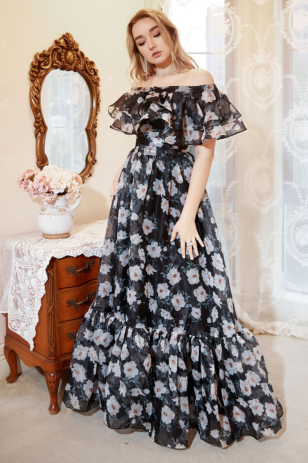 Black Print Off Shoulder A Line Prom Dress With Ruffles Floor Length Beautiful